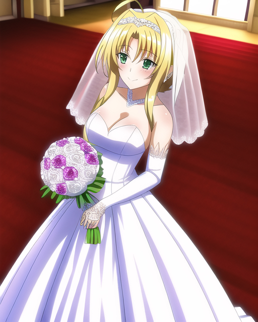 ai_generated asia_argento blonde_hair flower flowers green_eyes happy high_school_dxd marriage medium_breasts smile smiling wedding wedding_dress wedding_veil