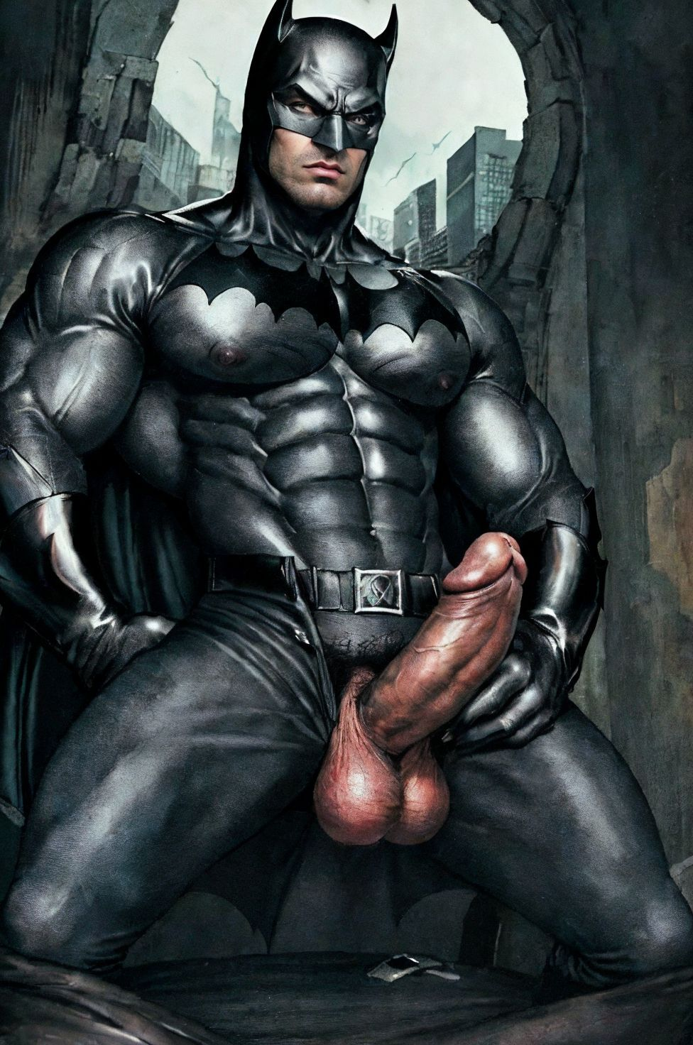 ai_generated balls bara batman batman_(bruce_wayne) batman_(series) big_balls big_penis boyfriendai bruce_wayne clothing covered_nipples daddy dc dc_comics erection justice_league male male_only male_pubic_hair manly masked mature_male muscular_male penis tight_clothing