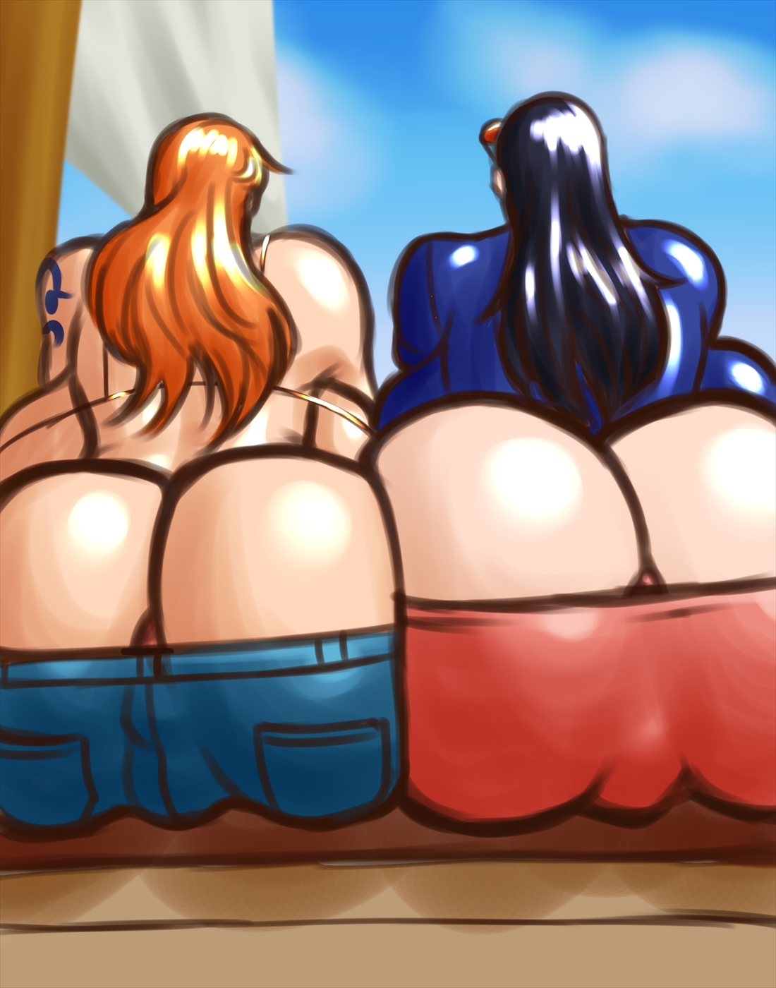 2girls, ass, ass cleavage, ass crack, ass focus, ass row, ass to ass, ass-to-ass, asses touching, big ass, big breasts, big butt, black hair, breasts, butt crack, female, female focus, female only, huge ass, huge breasts, huge butt, jeans, large ass, large breasts, large butt, massive ass, massive breasts, massive butt, multiple females, multiple girls, nami (one piece), negoto (nego6), nico robin, one piece, orange hair, post-timeskip, shounen jump, sitting, tagme
