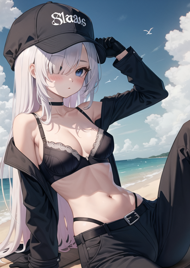 ai_generated black_pants blue_archive blue_eyes bra jeans navel plana_(blue_archive) small_breasts streetwear white_hair