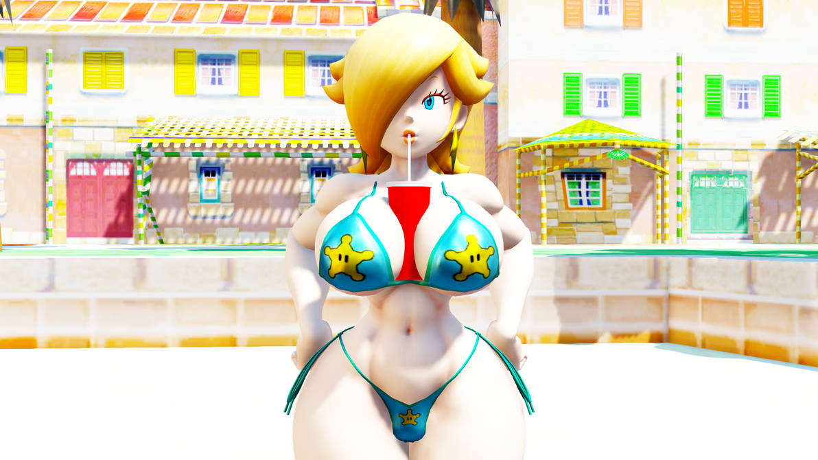 1girls 3d 3d_(artwork) beach big_breasts bikini blue_eyes breasts crown curvy curvy_female cyan_bikini drink_on_breasts drinking drinking_straw earrings female female_only hair_over_one_eye half-closed_eyes light-skinned_female light_skin lips long_hair mario_(series) mmd nintendo outdoors pac-mario64 platinum_blonde_hair princess princess_rosalina solo solo_female star_earrings swimsuit thick thick_hips thick_thighs thighs wide_hips