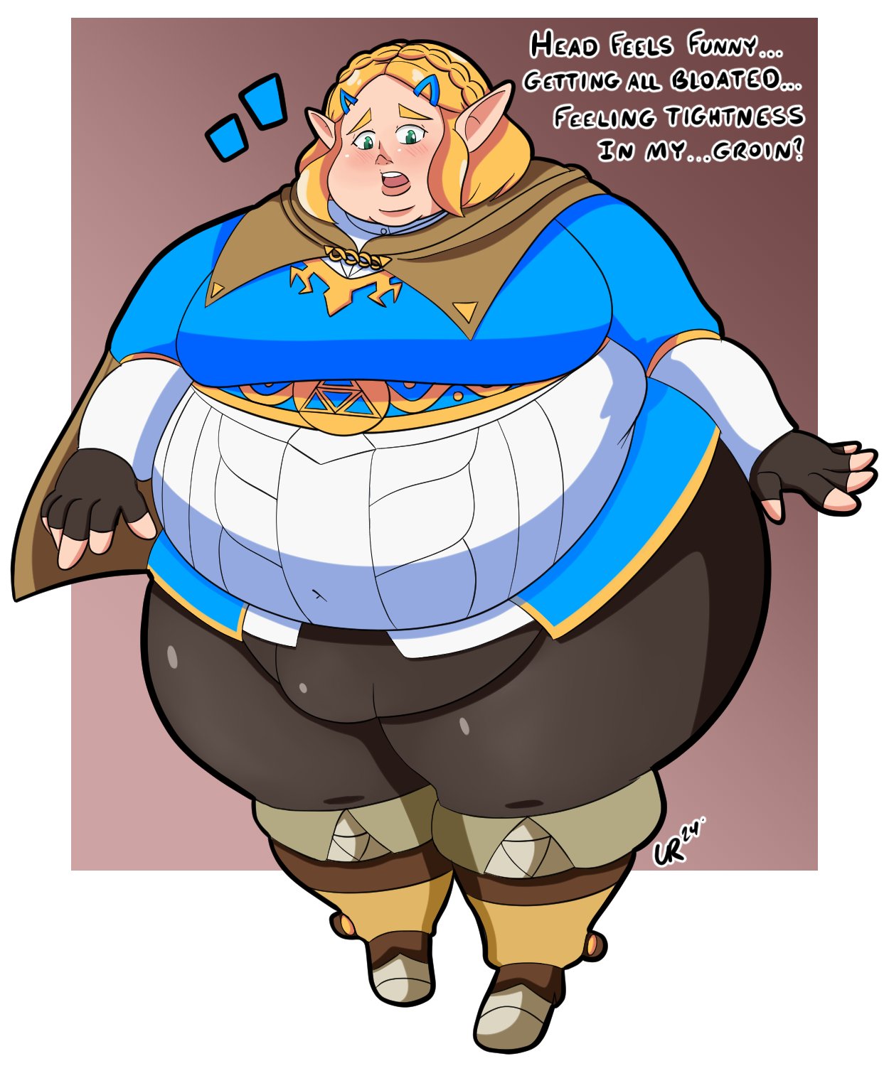 after_transformation big_belly big_thighs blonde_hair breath_of_the_wild bulge_through_clothing chubby chubby_cheeks chubby_female clothed confusion dialogue double_chin fat ftm_crossgender ftm_transformation green_eyes obese overweight_female pointy_ears post_transformation princess_zelda rule_63 shocked simple_background tears_of_the_kingdom the_legend_of_zelda unknownrez zelda_(tears_of_the_kingdom)