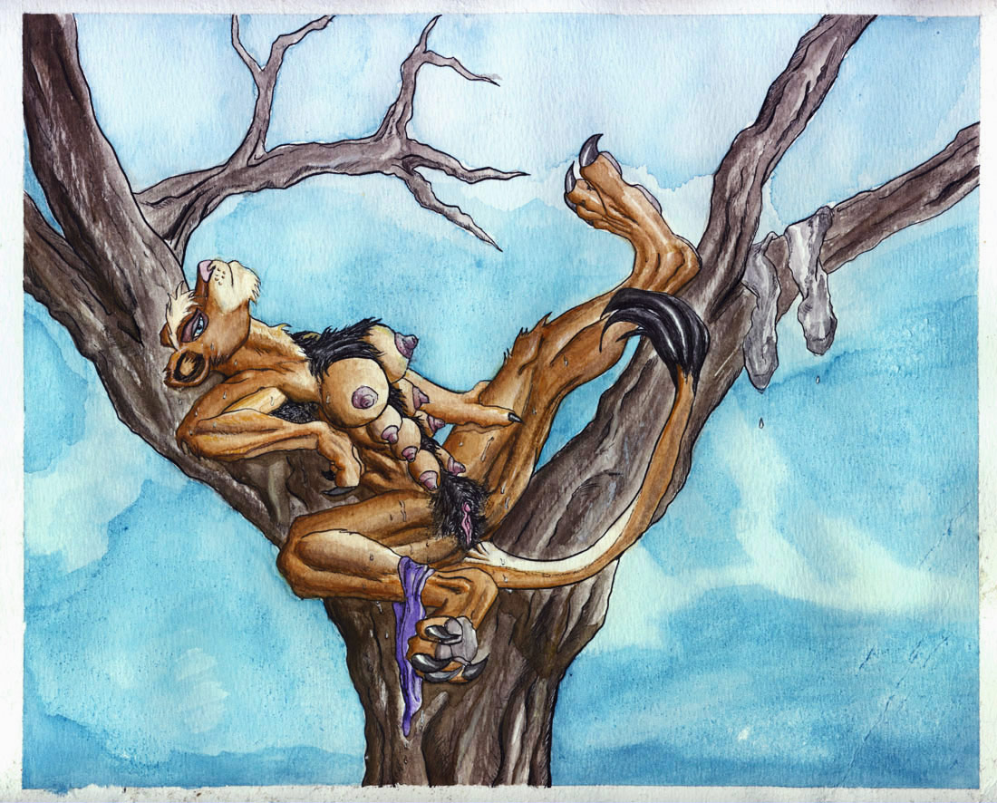 anthro breasts disney feline female fur furry hairy kharnak lion lioness multi_breast nipples painting paws pussy socks sweat the_lion_king traditional_media tree vitani watercolor