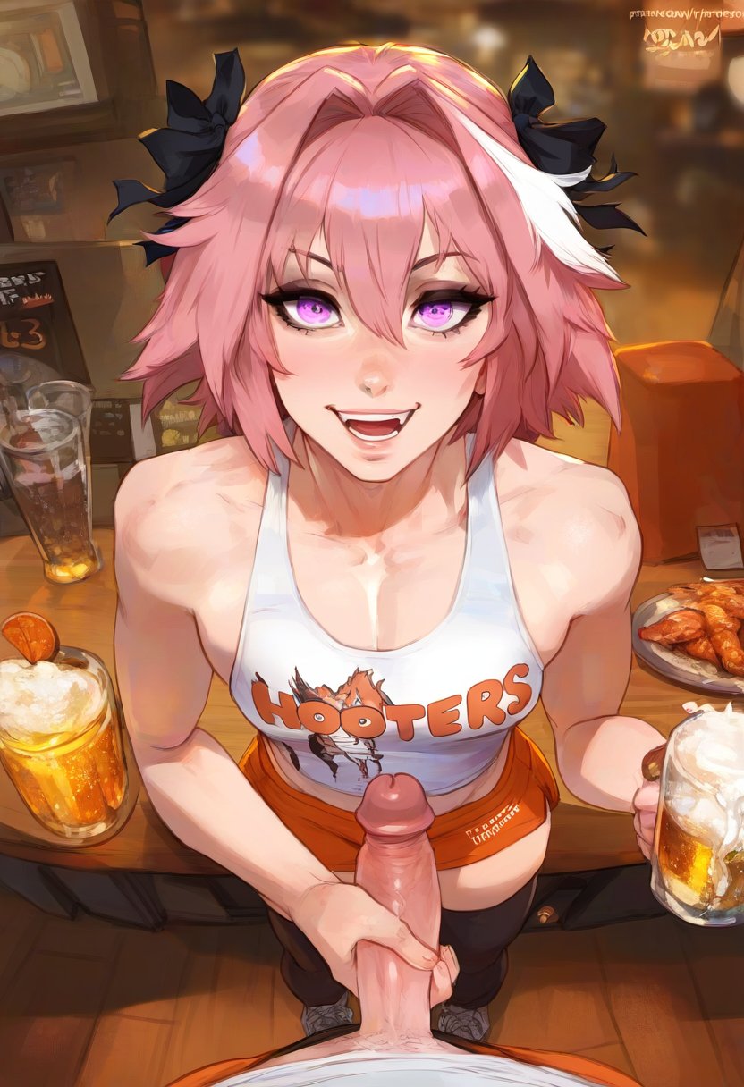 ai_generated astolfo_(fate) bar_(place) bar_background beer beer_mug blush blush blushing_at_partner blushing_at_viewer blushing_male clothed clothed_male crop_top fate_(series) femboy feminine_male glowing_eyes grabbing_penis handjob hooters hooters_uniform long_eyelashes looking_at_partner looking_at_viewer looking_up penis_out pink_hair pov pov_eye_contact raered sharp_teeth short_shorts smile tank_top thighhighs thighs