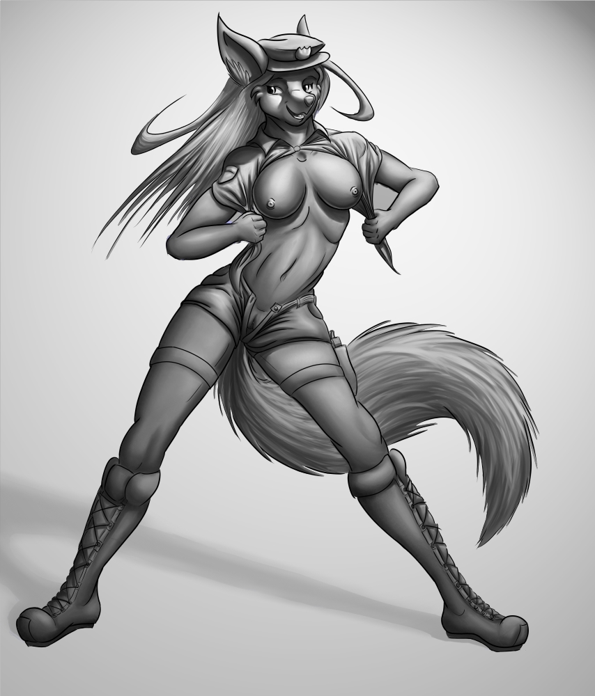 abstract_background boneitis boots breasts canine cap clothed_on_nude female fox furry gun hair holster long_hair looking_back monochrome navel nipples open_mouth police pussy shorts skimpy smile solo spreading standing tail undressing uniform weapon