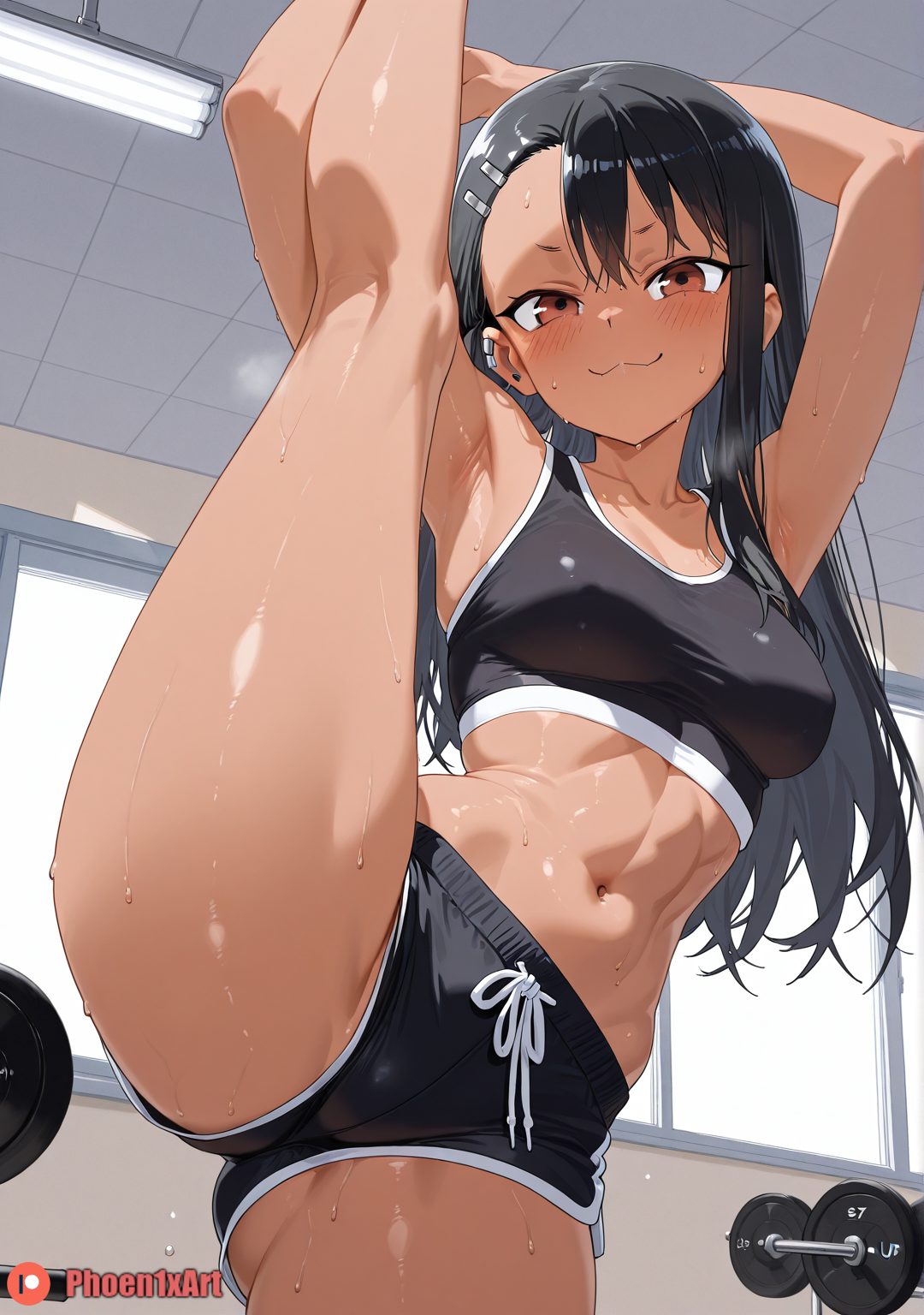 abs, ai generated, armpit fetish, armpits, big ass, big thighs, blonde hair, blush, breasts, cameltoe, female, female focus, female only, from below, gym, gym uniform, hayase nagatoro, huge ass, huge thighs, long hair, looking at viewer, muscular, muscular female, patreon, patreon username, please don't bully me, nagatoro, pussy, shorts, small breasts, solo, solo female, sports bra, standing, standing split, sweat, wet body