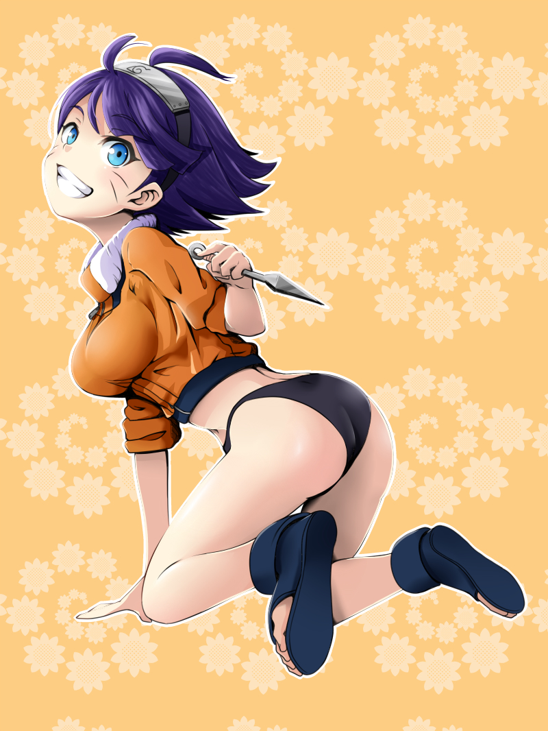 1girls, ass, baby face, big breasts, blue eyes, blue hair, blush, boruto: naruto next generations, breasts, clothed, clothing, female, female focus, female only, huge breasts, human, jacket, kneeling, looking at viewer, naruto, naruto (series), panties, short hair, smile, uzumaki himawari, weapon