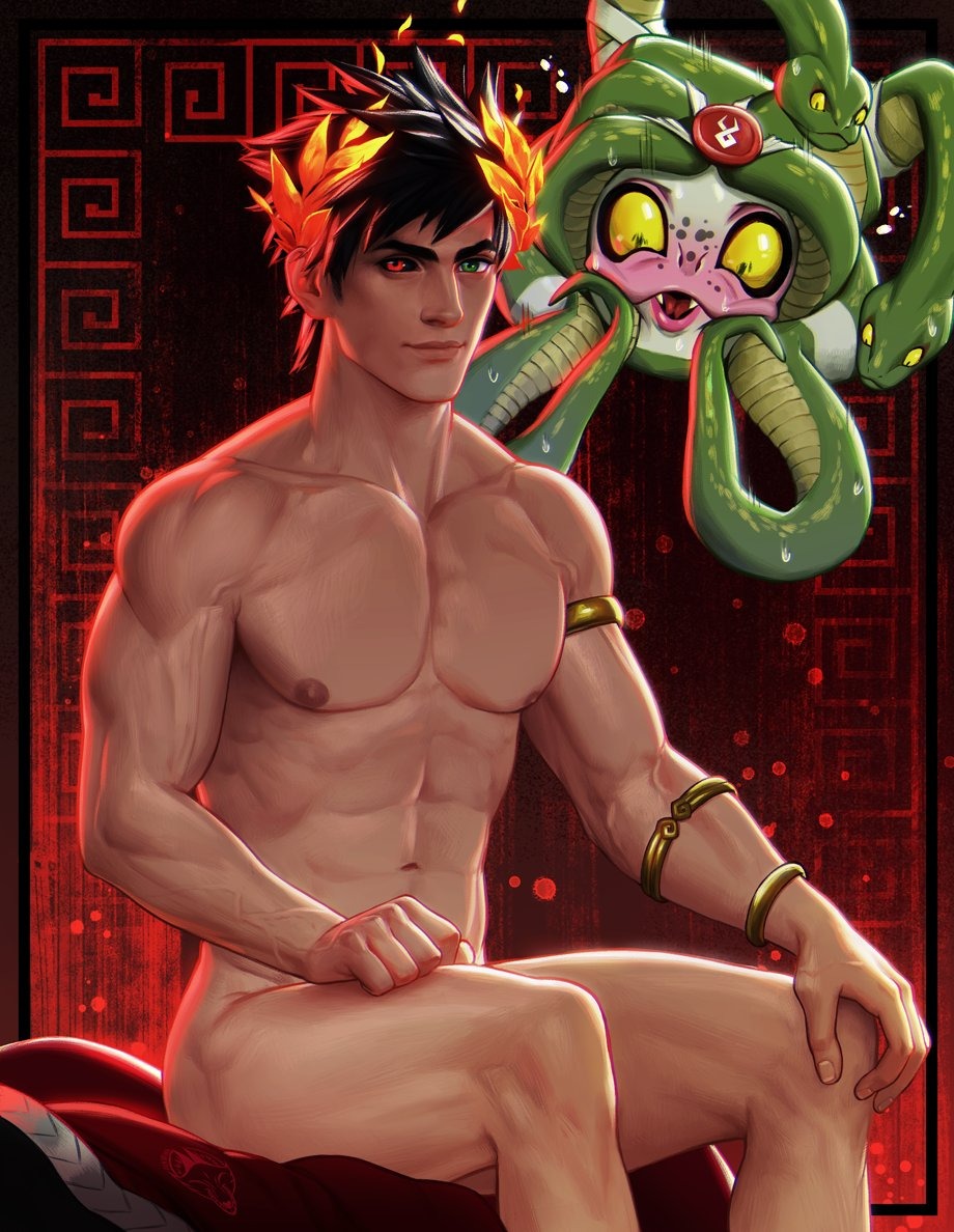 admiring bare_chest bishonen blush dusa_(hades) foxbravo hades_(game) heterochromia laurel_crown male_focus muscular_male no_visible_genitalia nude_male smile twunk zagreus