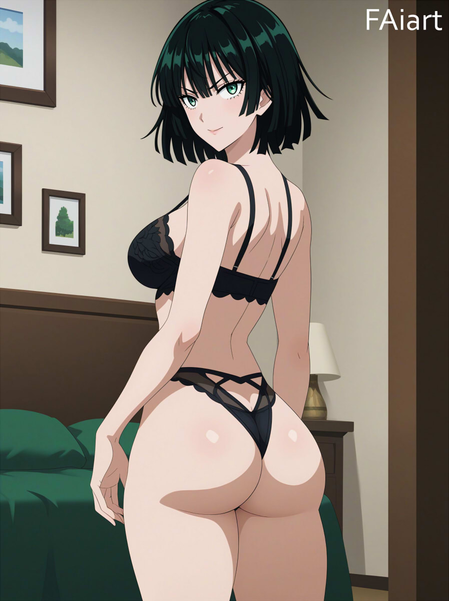 1girls ai_generated ass ass_focus bedroom booty breasts faiart female female_only fubuki_(one-punch_man) green_eyes green_hair indoors lingerie looking_at_viewer looking_back one-punch_man short_hair solo underwear watermark