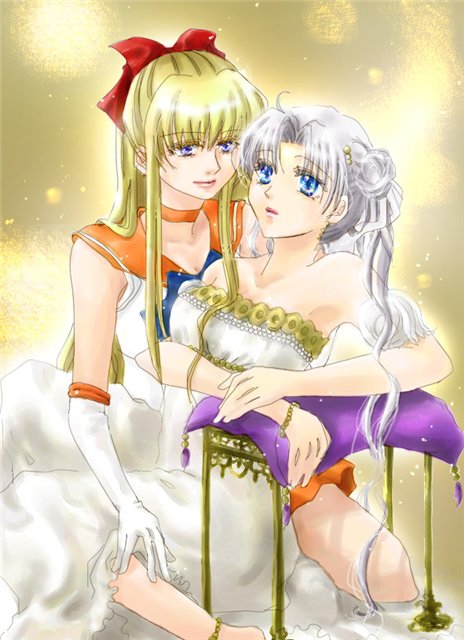 2girls bishoujo_senshi_sailor_moon blonde_hair blue_eyes bow choker clothing dress female female_only gloves hairbow human long_hair minako_aino multiple_females multiple_girls princess queen_serenity sailor_venus saliva sirkowski white_hair yuri