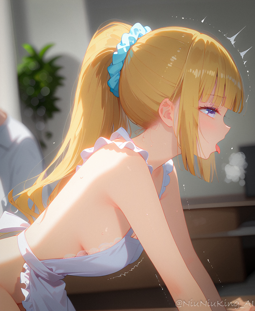 ai_generated apron bending_over blonde_hair classroom_of_the_elite karuizawa_kei niuniuking ponytail sideboob tongue_out