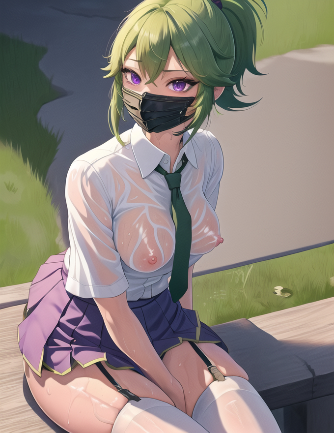 ai_generated facemask genshin_impact green_hair kuki_shinobu necktie necktie_between_breasts purple_eyes school_uniform schoolgirl see-through see-through_clothing skindentation slombert thighs thighs_together wet wet_clothes wet_shirt