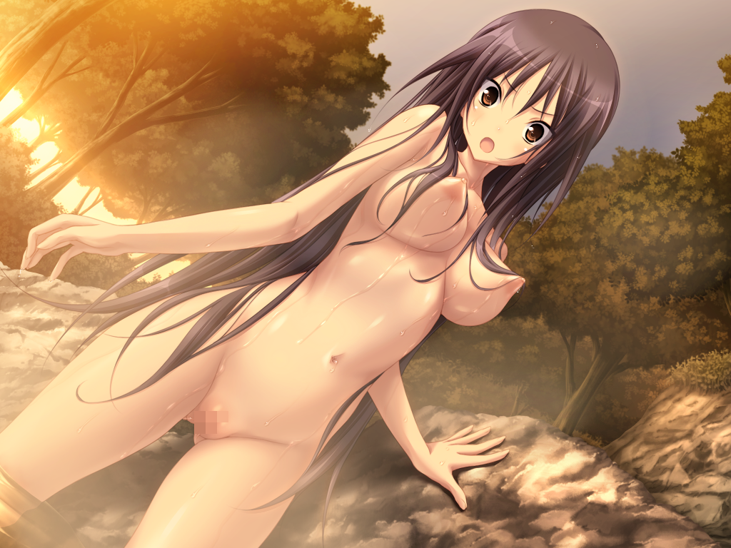 black_hair breasts censored game_cg kasuga_iori koku long_hair mirai_nostalgia nipples nude onsen outdoors purple_software pussy wet