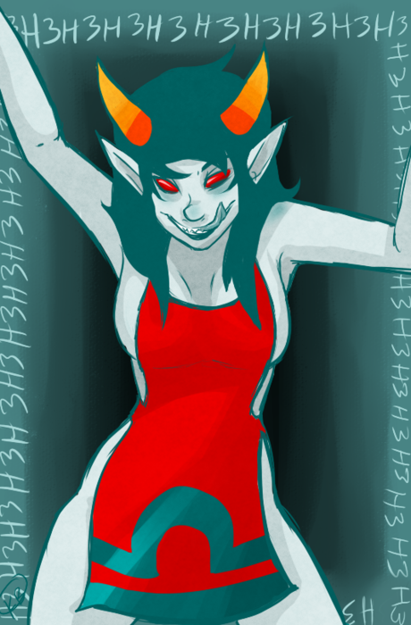 1girls apron breasts grey_skin homestuck horns kaybeer licking_lips ms_paint_adventures pointy_ears red_eyes sharp_teeth short_hair solo teal_hair terezi_pyrope text tongue_out troll