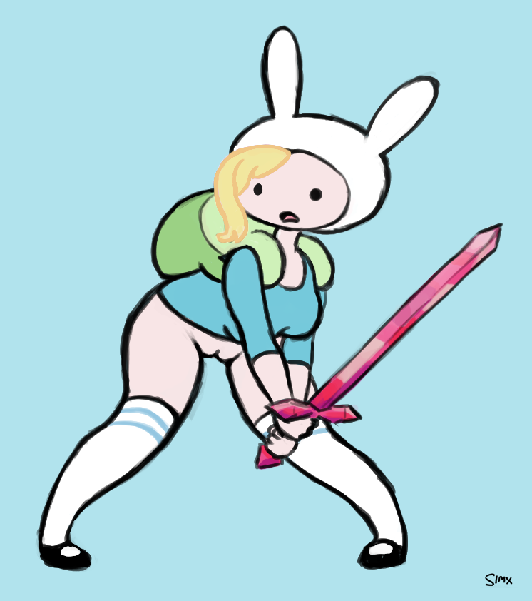 adventure_time backpack bag bottomless casual female_only fionna_the_human_girl headwear hood human legwear pussy simx sword tagme thighhighs topwear weapon