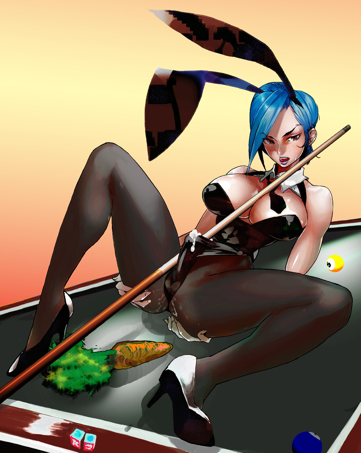 1futa, 1girls, artist request, balls, balls in pantyhose, billiard cue, blue hair, blush, breasts, bulge, bunny costume, bunny ear, bunnysuit, cameltail, carrot, cleavage, clothed, cue stick, cum, cum in pants, cum through clothes, detached collar, ejaculation, erection, female, futanari, heels, high heels, highres, huge breasts, intersex, necktie, pantyhose, penis, penis in bunnysuit, pussy, pussy juice, sammohung, shoes, short hair, spread legs, tight clothes, voluptuous