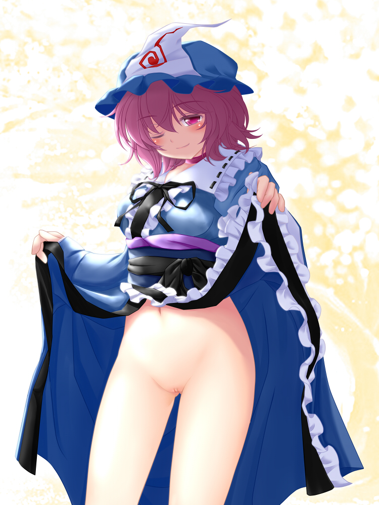 bottomless dress dress_lift hat japanese_clothes kimono_lift navel nekokotei no_panties obi pink_eyes pink_hair pussy seductive_smile solo touhou uncensored wink yuyuko_saigyouji