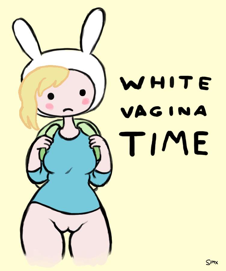 1girls adventure_time backpack black_eyes blonde_hair blush bottomless breasts female_only fionna_the_human_girl innie_pussy looking_at_viewer pussy shirt short_hair simx solo text