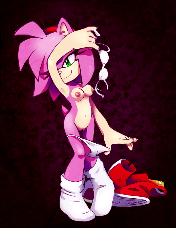 amy_rose anthro bra breasts feet female fur furry green_eyes hair hedgehog looking_at_viewer nipples nude panties pink_hair pussy sega silverfesh socks solo sonic_(series) stripped_naked tail underwear undressing