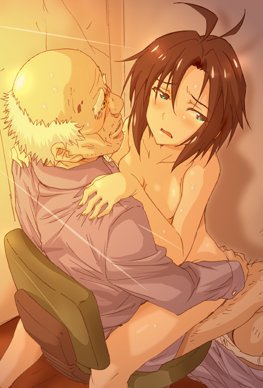 1boy, 1girls, age difference, blush, chair sex, female, female on top, higashitaishi, human, idolmaster, kikuchi makoto, male, nude, nude female, old male, older male, older male and younger female, older penetrating younger, partially clothed male, pussy, riding crop, sex, shy, straight, teenage female, teenager, vaginal penetration, young, younger female