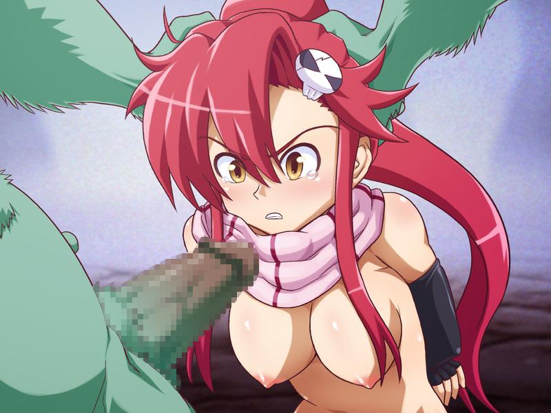 1boy 1girls blush bondage caryo censored green_skin monster nipples penis rape red_hair tengen_toppa_gurren_lagann yellow_eyes yoko_littner