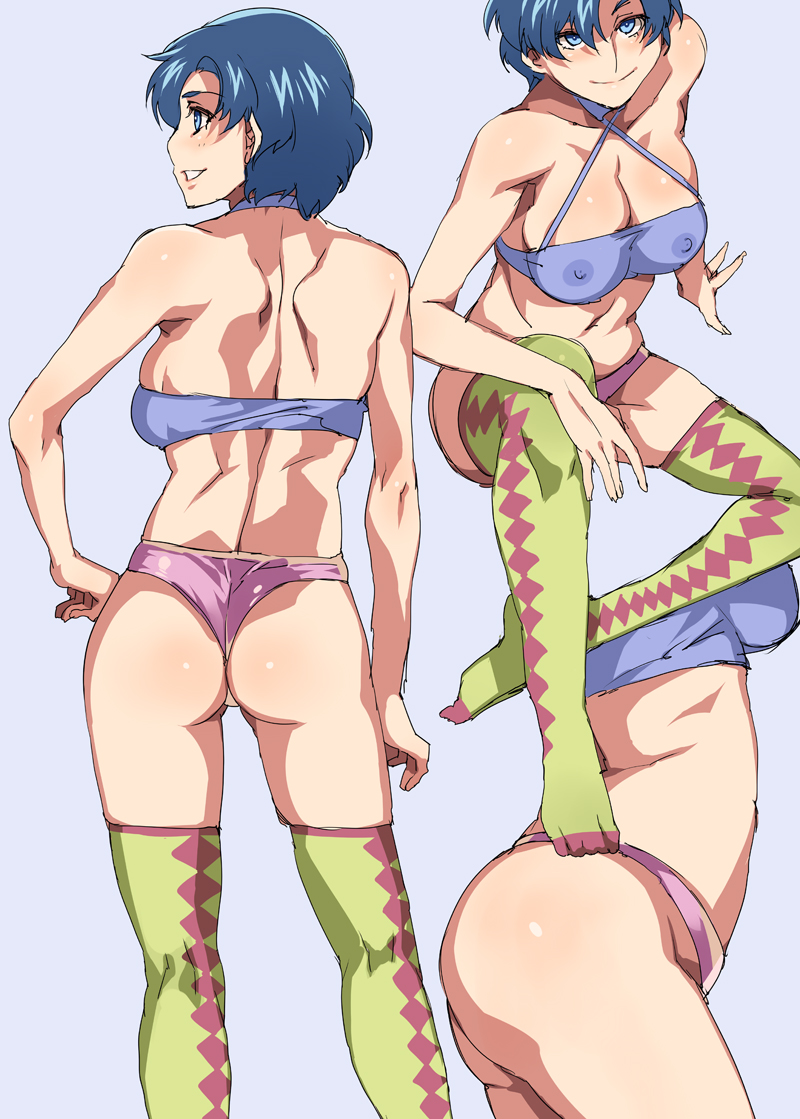1girls, ami mizuno, ass, athletic, bishoujo senshi sailor moon, black hair, blue eyes, breasts, clothing, feet, female, female only, footwear, human, long hair, looking back, medium breasts, mizuryuu kei, nipples visible through clothing, panties, socks, solo, stockings, tank top, thighhighs, thong, underwear