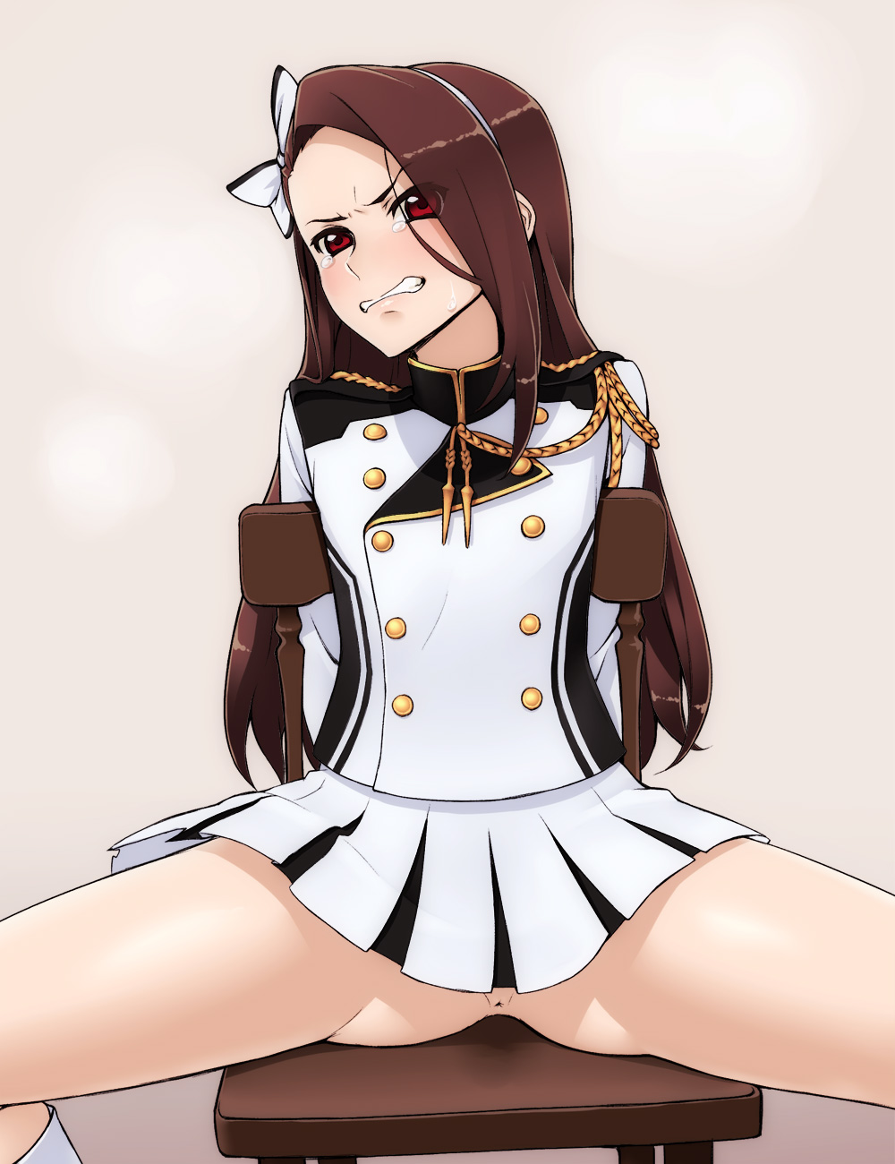 angry anus arms_behind_back band_uniform blush boots bow brown_hair clenched_teeth hairbow highres idolmaster idolmaster_2 long_hair majorette minase_iori no_panties red_eyes sitting skirt solo spread_legs tear tkhs