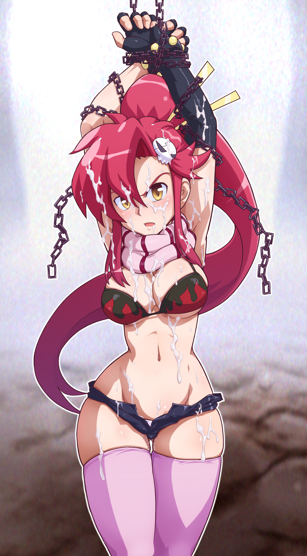 angry, arms above head, arms up, blush, bondage, bound, breasts, bukkake, censored, chains, cleavage, clothed, cum, cum covered, cum on body, cum on breasts, cum on clothes, cum on hair, cum on lower body, cum on upper body, curvy, defeated, defiant, female, hair ornament, hairpin, highres, large breasts, long hair, midriff, panties, pink legwear, questionable consent, red hair, scarf, short shorts, shorts, skull, solo, tengen toppa gurren lagann, thick thighs, thighhighs, thighs, underwear, unzipped, wide hips, yellow eyes, yoko littner, zettai ryouiki
