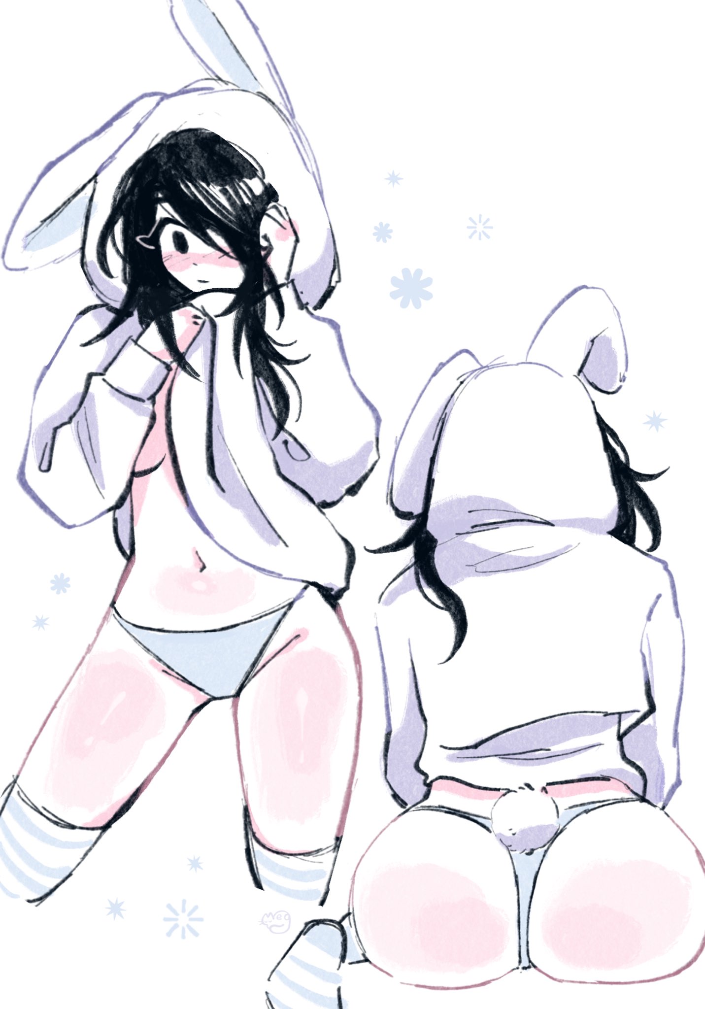 1girls, 2023, animal hood, ass, black eyes, black hair, blue panties, blue thong, blush, body blush, breasts, bunny tail, cute, female, hair over one eye, hoodie, long hair, meg (megrocks), megrocks, mob face, multiple poses, navel, no pants, no shoes, original, panties, standing, striped legwear, tagme, tail, thighhighs, thighs, thong, wariza