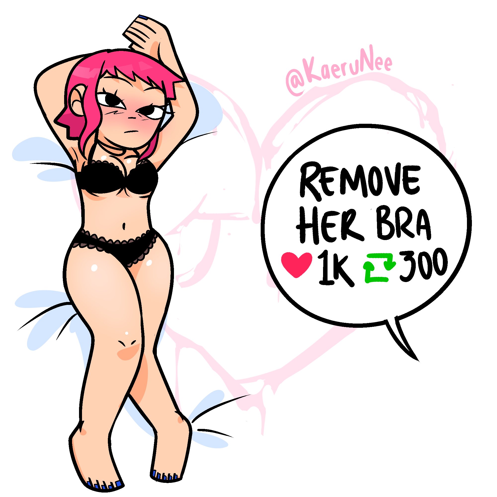 1girls, armpits, arms up, black eyes, black underwear, blue nails, female, kaerunee, nail polish, panties, pink hair, ramona flowers, scott pilgrim, short hair, solo, solo female, strip game, twitter strip game, underwear