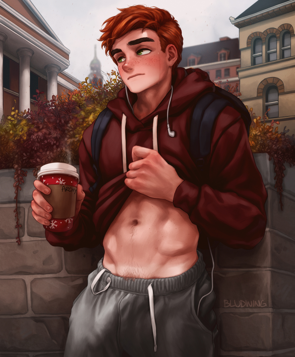 1boy abs archie_andrews archie_comics athletic athletic_male backpack bludwing bulge bulge_through_clothing coffee_cup digital_media_(artwork) fit fit_male freckles freckles_on_face ginger_hair human light-skinned_male light_skin looking_away male_only muscular muscular_male navel outside penis_outline penis_under_clothes pubic_hair pubic_hair_peek redraw riverdale shirt_lift shirt_up showing_off signature solo_male standing student sweatpants sweatshirt visible_penis_line visible_penis_shape vpl white_skin