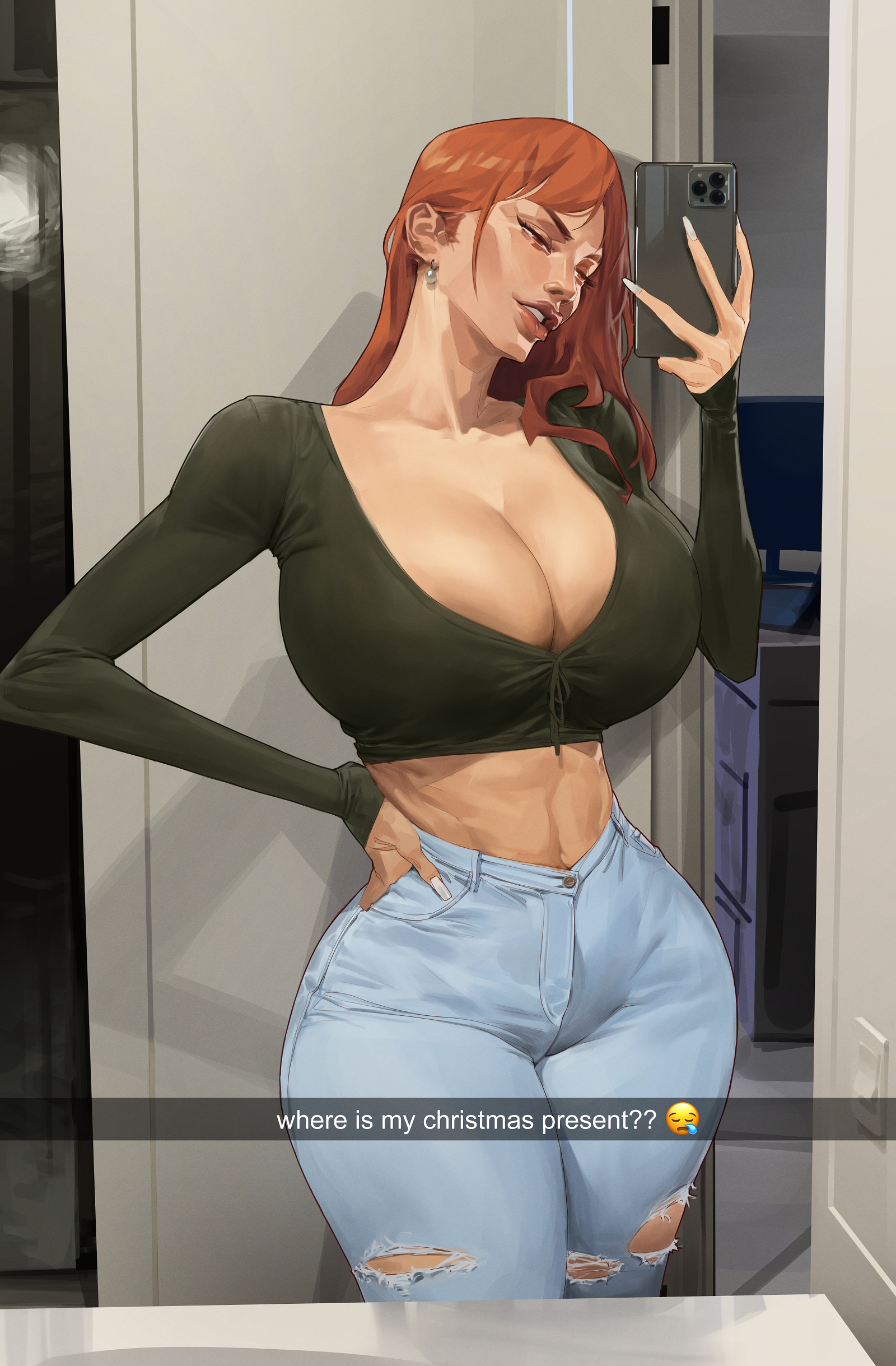 1girls, better version at source, better version available, breasts, brown eyes, crop top, cropped legs, female, female only, green shirt, hand on hip, higher resolution at source, higher resolution available, holding phone, huge breasts, indoors, jeans, lips, long fingernails, long hair, long sleeves, nami (one piece), one piece, orange hair, post-timeskip, saigalisk, selfie, smartphone, smile, snapchat, solo, standing, text, torn legwear, wide hips