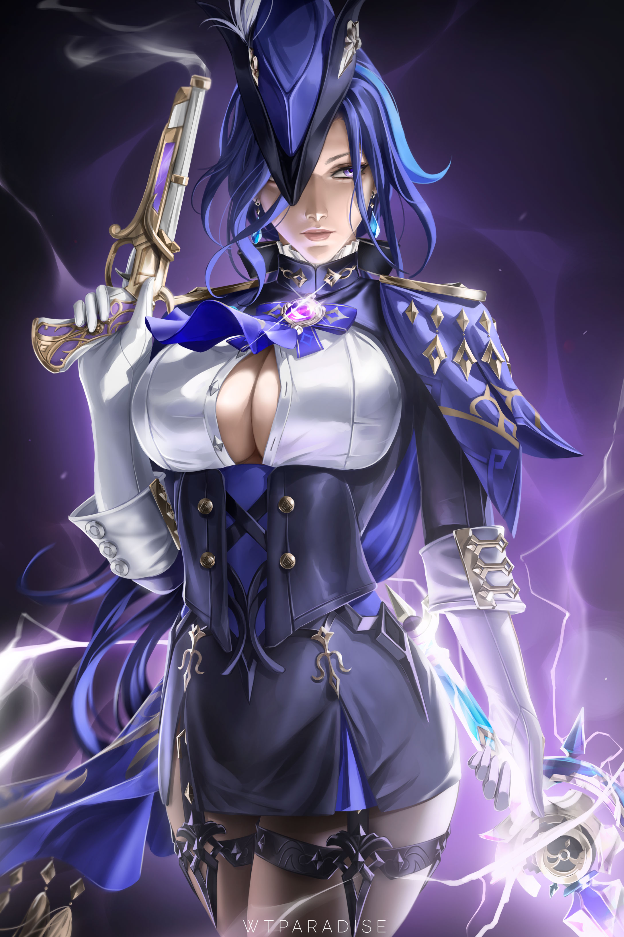 big breasts, black clothing, blue clothing, blue hair, breasts, cleavage, clorinde (genshin impact), female, genshin impact, gloves, gun, hat, leggings, long hair, purple eyes, solo, solo female, sword, we1cometoparadiseart, weapon, welcometoparadise, white gloves, wtparadise