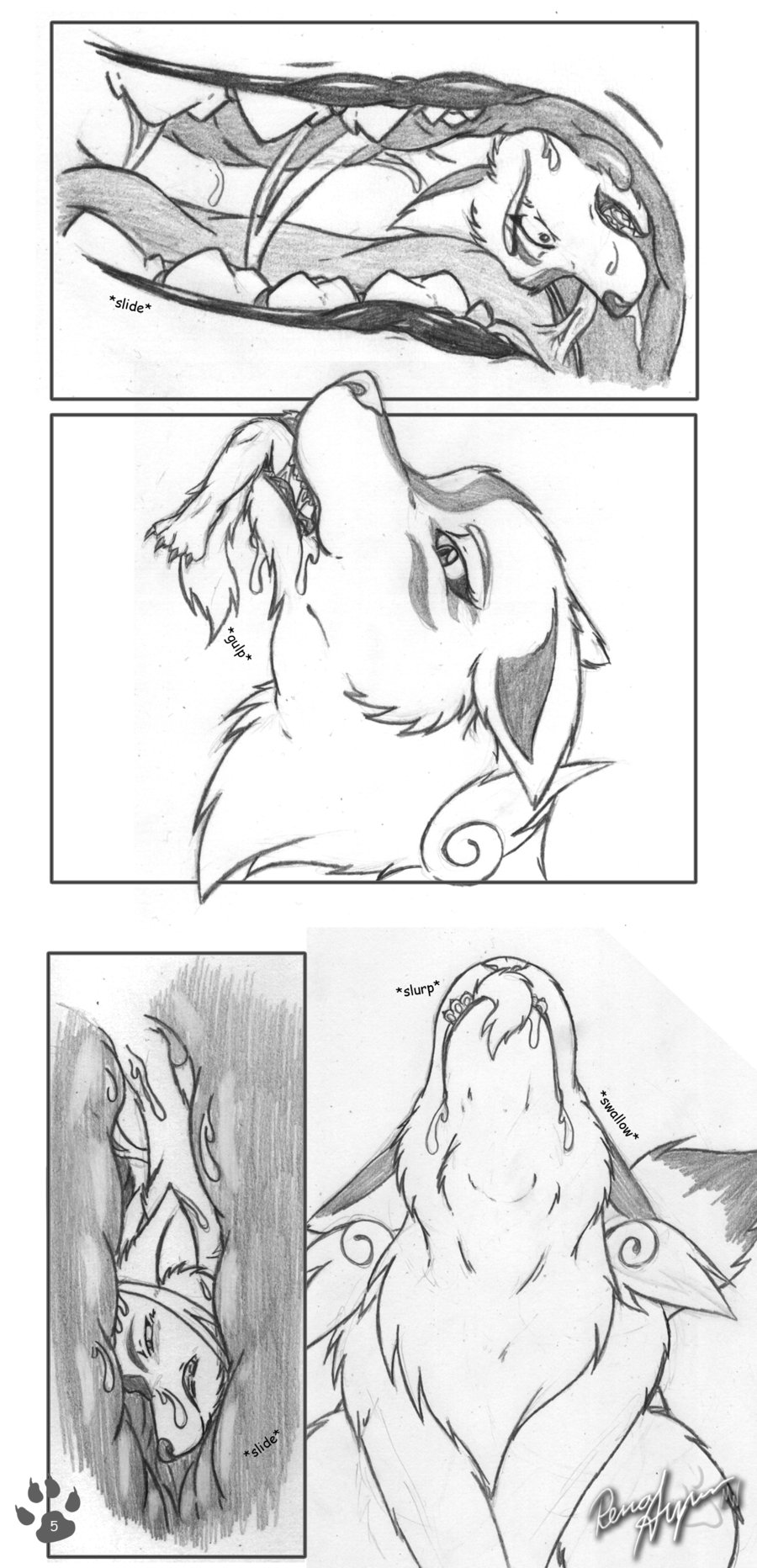 anthro canine comic game micro nude rena_ayama_(artist) size_difference swallowing tail teath tongue vore wolf