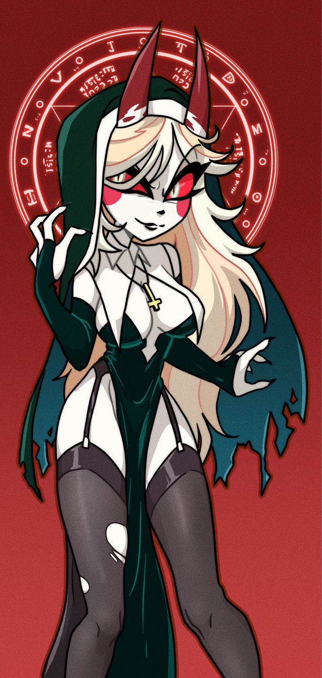 blonde_hair blush breasts centinel303 charlie_morningstar_(hazbin_hotel) cleavage collar demon demon_form demon_girl dress edit female garter_straps gloves hazbin_hotel horns necklace nun nun_outfit pelvic_curtain red_eyes smile stockings thighhighs torn_clothes voluptuous wide_hips