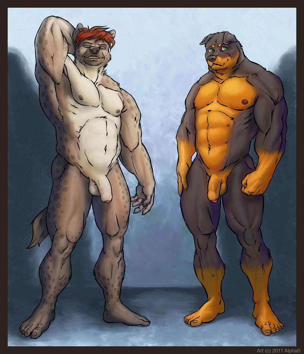 2011 alpha0 anthro canine flaccid fur furry green_eyes hyena looking_at_viewer male male_only muscles nude penis pose red_hair standing uncut