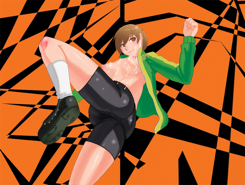 bike_shorts breasts brown_eyes brown_hair cum cum_on_body cum_on_breasts cum_on_chest cum_on_stomach cum_on_upper_body facial female footwear jacket nipples open_clothes open_jacket orendi persona persona_4 satonaka_chie shoes short_hair shorts socks solo white_legwear white_socks