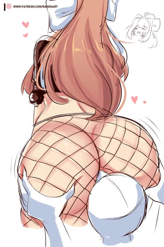 1girls 1other ass ass_grab ass_worship back_view big_ass black_shirt bm doki_doki_literature_club face_in_ass fishnets heart_symbol monika_(doki_doki_literature_club) raionart spread_ass