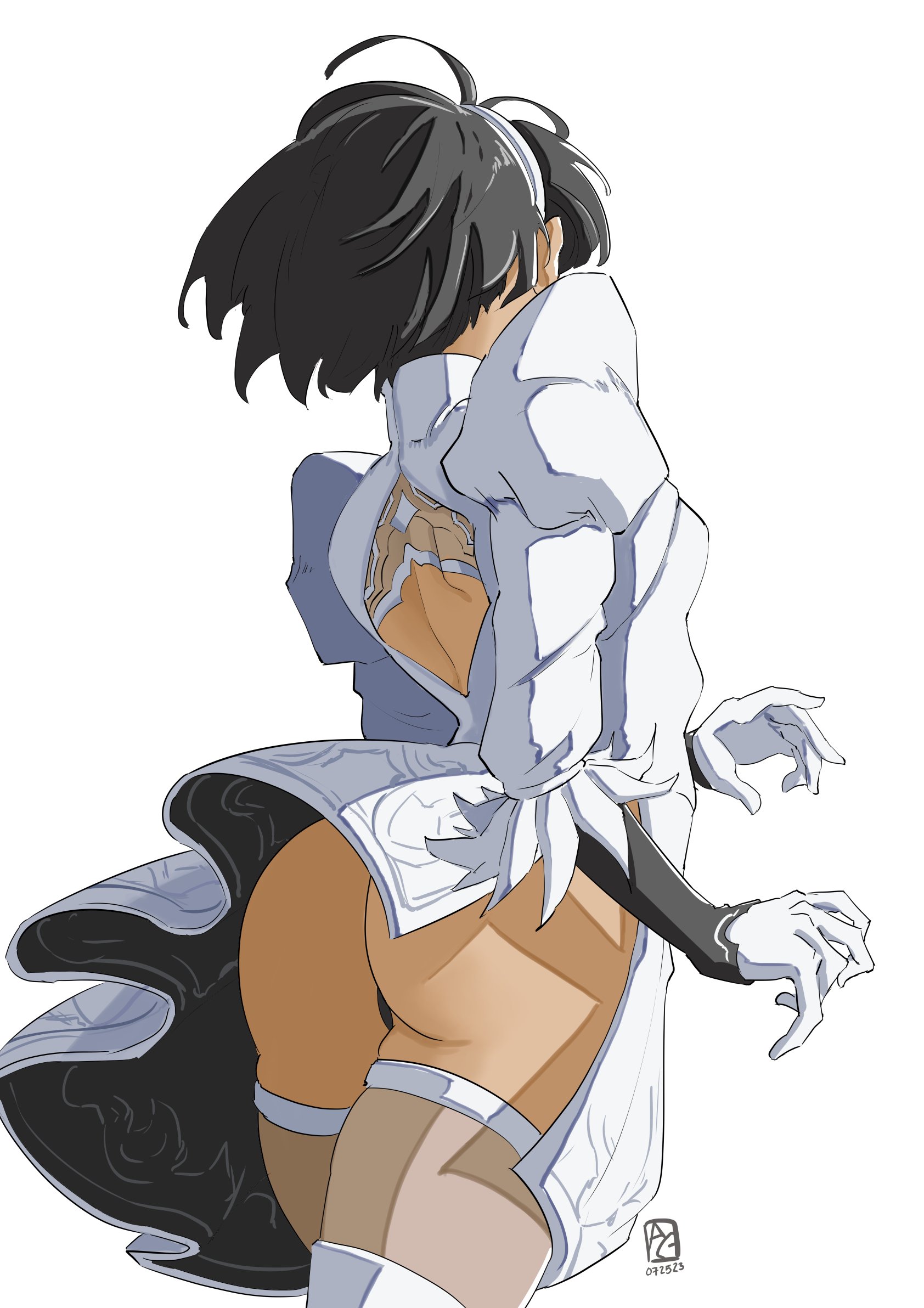 1girls, absurd res, ass, ass focus, ass up, automatic giraffe, big ass, black hair, black skin, dark hair, dark skin, dark-skinned female, exposed ass, female, gloves, highres, large ass, looking away, nier, nier (series), nier: automata, skirt, skirt up, solo, solo female, thick ass, thick thighs, thighs, video game, video game character, video games, wind, wind lift, yorha 2b, yorha 2p