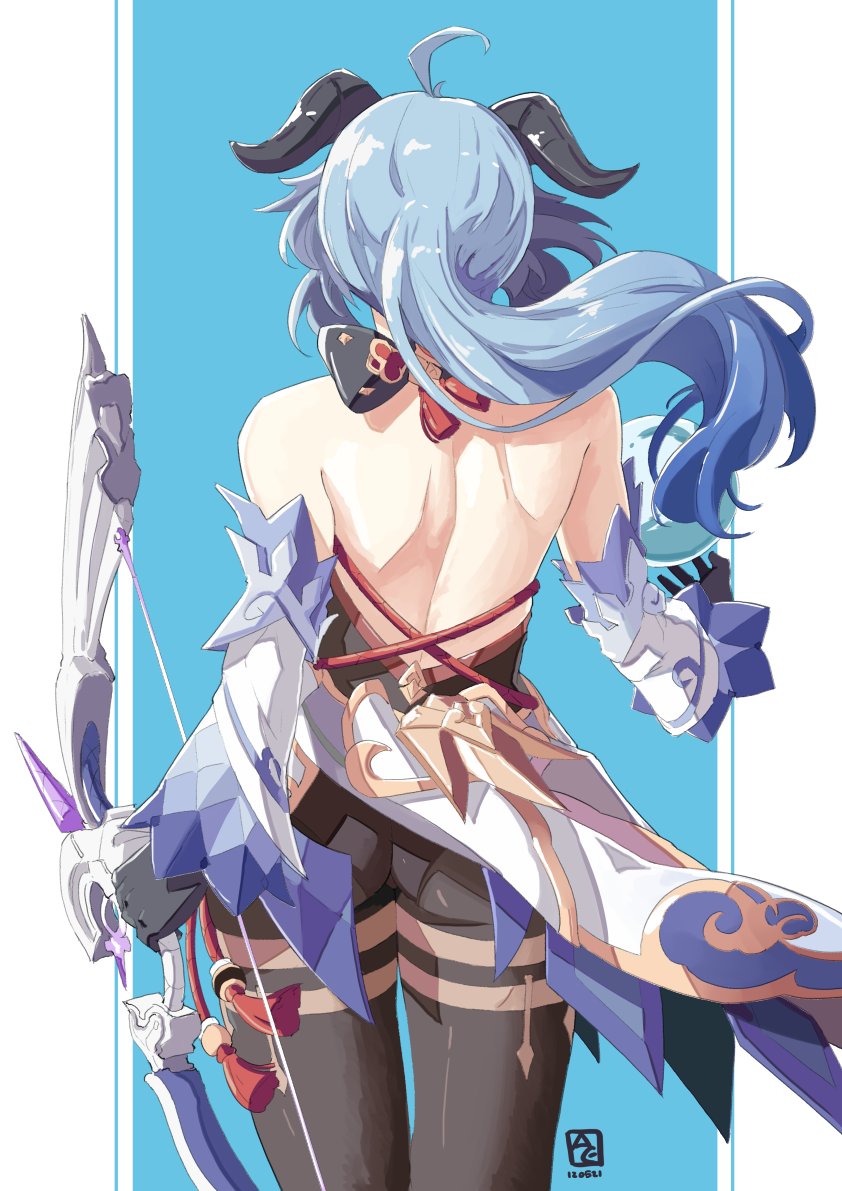1girls, absurd res, anime style, ass, automatic giraffe, big ass, bow, bubble ass, bubble butt, cyan hair, female, female only, ganyu (genshin impact), genshin impact, highres, horns, large ass, looking away, looking away from viewer, mihoyo, see-through, solo, solo female, thick ass, thick thighs, video game character, video games