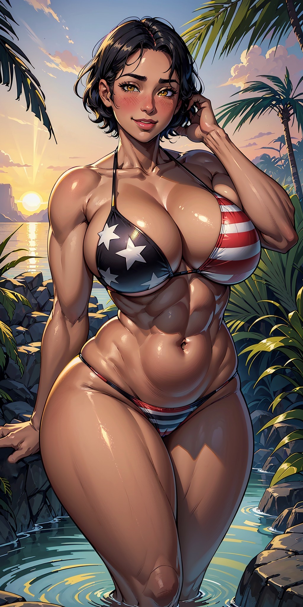 1girls 2023 4th_of_july abs ai_generated american_flag_bikini armpits bathing big_breasts bikini black_hair blush blush_lines blushing_at_viewer breasts cleavage cloud collarbone dark_skin dark_skinned_female female female_only forest gigantic_breasts high_resolution highres hips hourglass_figure jungle large_breasts looking_at_viewer muscular muscular_female navel original original_character parted_lips pond rainforest self_upload short_hair smile smiling smiling_at_viewer solo stable_diffusion standing sunset thighs toned toned_body toned_female voluptuous voluptuous_female water yellow_eyes yodayo