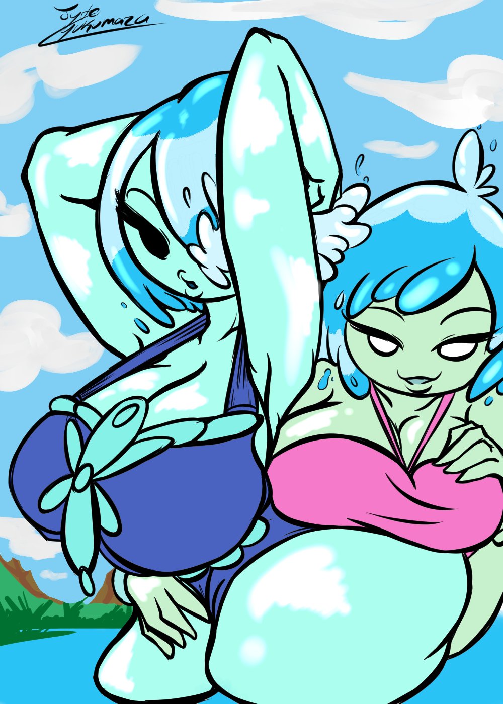 2girls adventure_time arms_behind_back big_ass big_breasts bikini blue_body blue_hair cleavage grin hand_on_hip humanoid long_hair looking_at_viewer mob_face monster_girl multiple_girls short_hair skimpy thick_thighs water_nymph