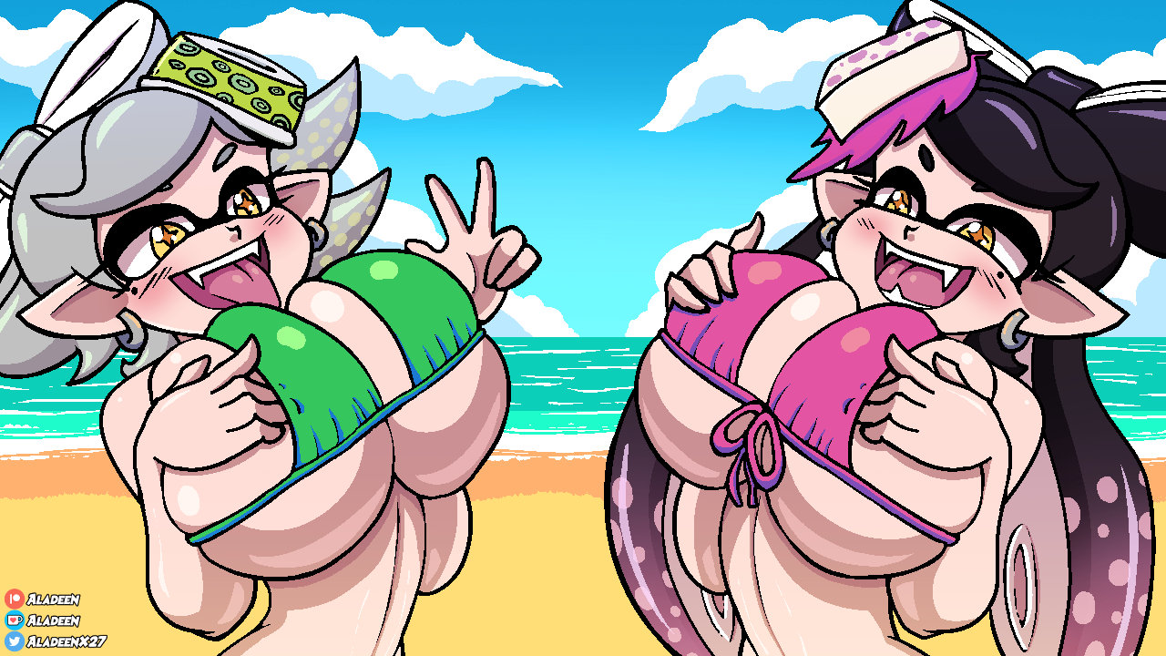 2girls aladeen artist_name beach big_breasts bikini black_hair breasts callie_(splatoon) duo earrings fangs female female_only front-tie_bikini green_bikini grey_hair huge_breasts inkling inkling_girl large_breasts light-skinned_female light_skin marie_(splatoon) mole mole_under_eye multiple_girls nintendo open_mouth pink_bikini pointy_ears splatoon squid_sisters squished_breasts string_bikini symbol-shaped_pupils teasing tentacle_hair tight_bikini tongue tongue_out upper_body v