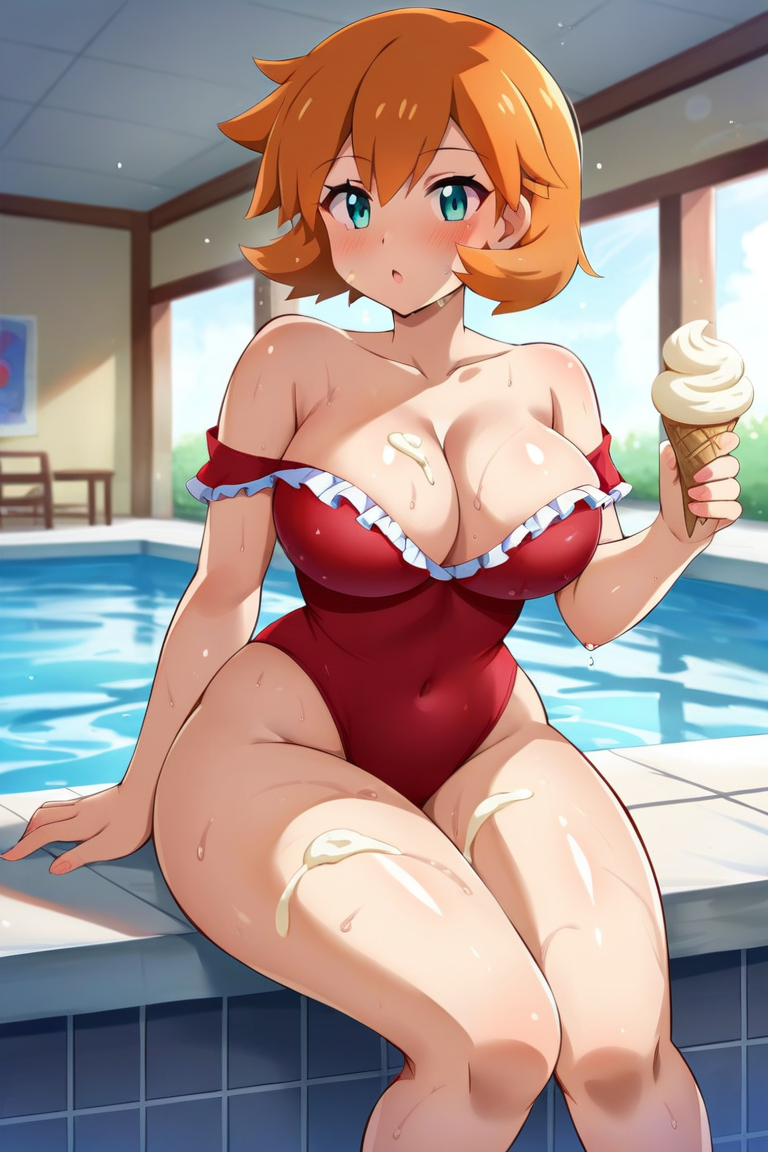 :o ai_generated aqua_eyes asymmetrical_hair bangs bare_legs bare_shoulders blue_eyes blush breasts clavicle cleavage clothing covered_navel curvaceous day dripping female female_only food food_on_body frilled_swimsuit frills game_freak green_eyes highleg holding holding_food holding_object huge_breasts ice_cream ice_cream_cone indoors kasumi_(pokemon) large_breasts legs looking_at_viewer misty_(pokemon_hgss) navel nintendo off_shoulder one-piece_swimsuit open_mouth orange_hair pokemon pokemon_character pokemon_gsc pokemon_hgss ponytail pool poolside red_one-piece_swimsuit red_swimsuit shiny_skin short_hair side_ponytail sitting solo swimsuit thick_thighs thighs tied_hair water wet wide_hips