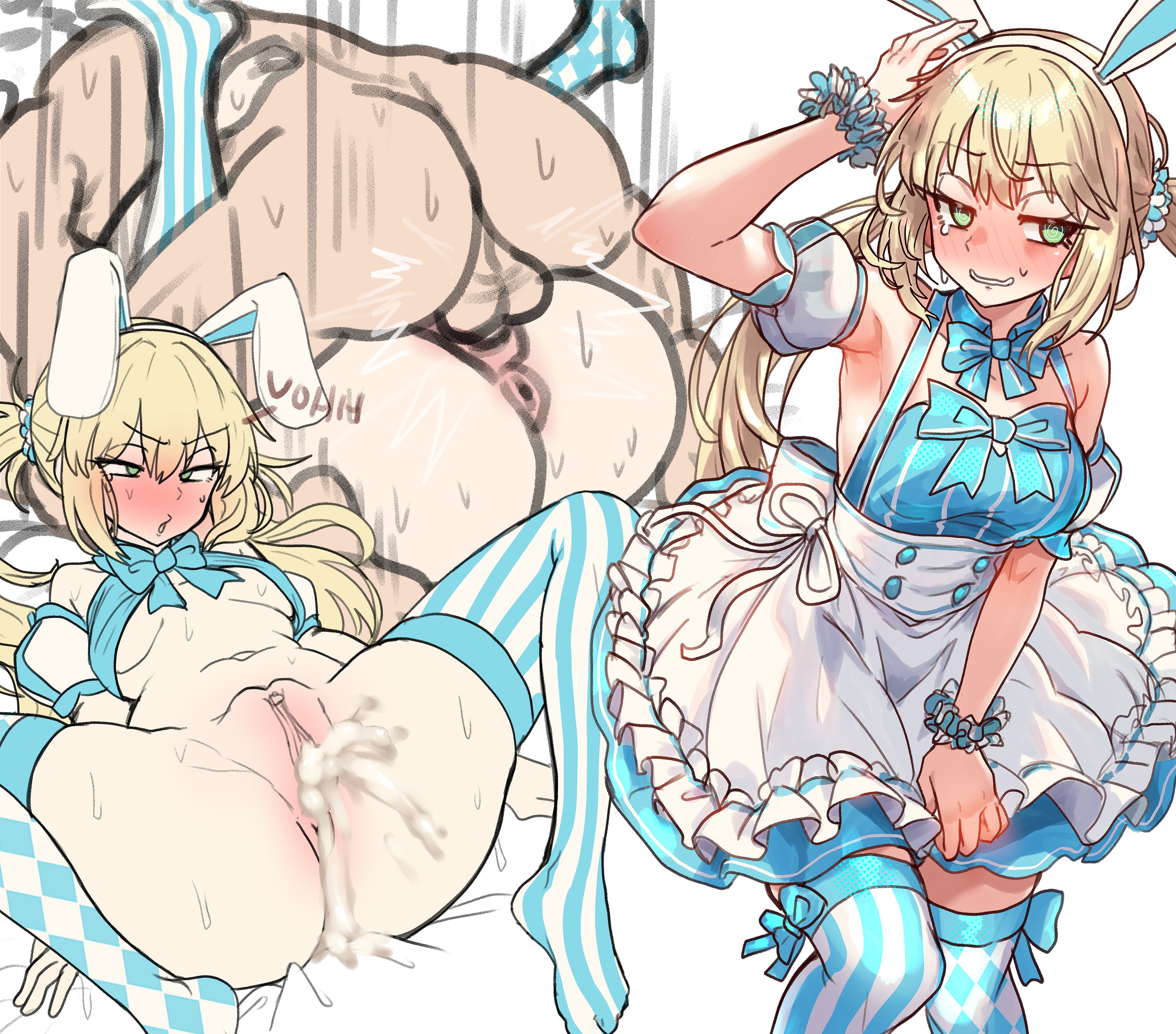 1boy, 1girls, artoria pendragon, artoria pendragon (caster), blonde hair, blush, breasts, bunny ears, cum, cum in pussy, dress, ebora, fate (series), fate/grand order, female, green eyes, hi res, instant loss 2koma, light skin, light-skinned female, light-skinned male, long hair, male, mating press, medium breasts, naughty face, on back, penis, preview, pussy, sex, spread legs, thighs, twintails, vaginal penetration, wip, youngmanisdown