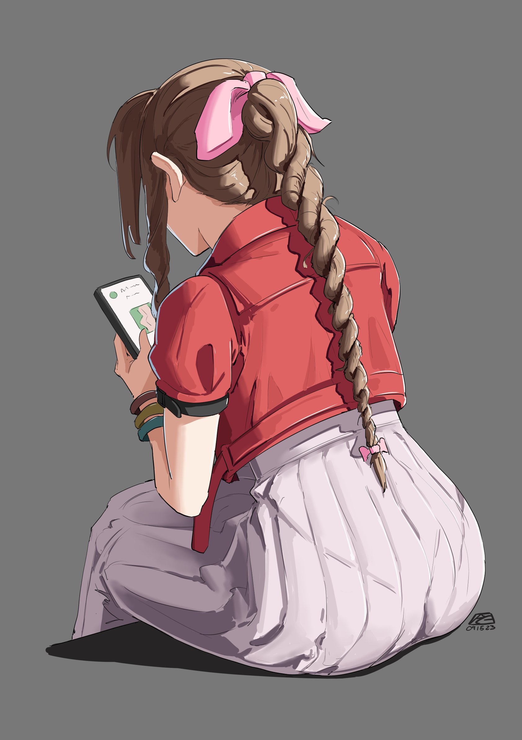 1girls, absurd res, aerith gainsborough, ass, ass visible through clothes, automatic giraffe, big ass, bubble ass, bubble butt, female, female only, final fantasy, final fantasy vii, final fantasy vii remake, grey background, highres, large ass, looking at phone, looking away, phone, phone screen, ponytail, simple background, skirt, solo, solo female, square enix, video game, video game character, video games