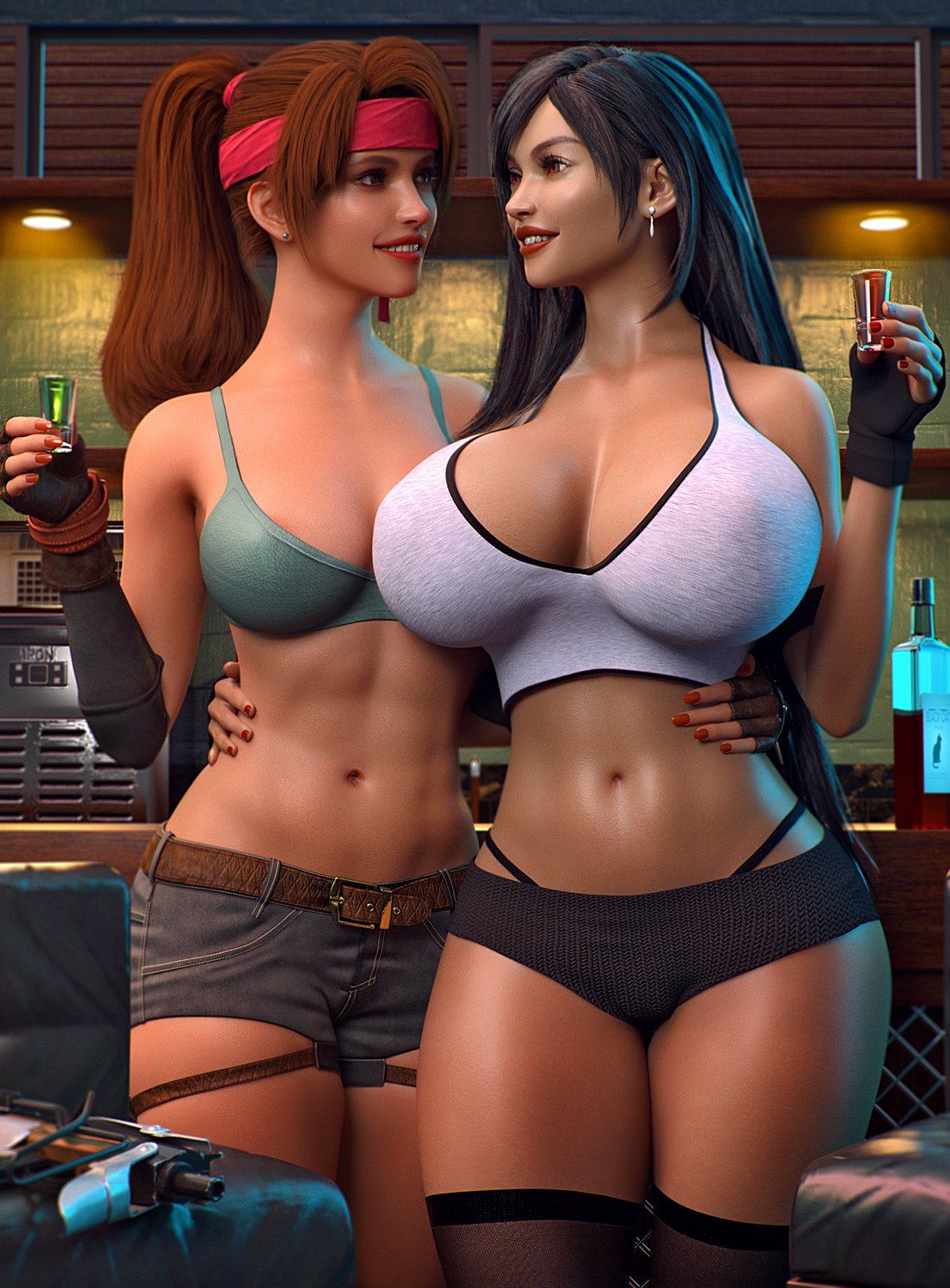 2girls, 3d, abs, ass, breasts, female, female only, final fantasy, final fantasy vii, final fantasy vii remake, huge ass, huge breasts, jessie rasberry, midriff, navel, revealing clothes, shockabuki, square enix, thick thighs, tifa lockhart, wide hips