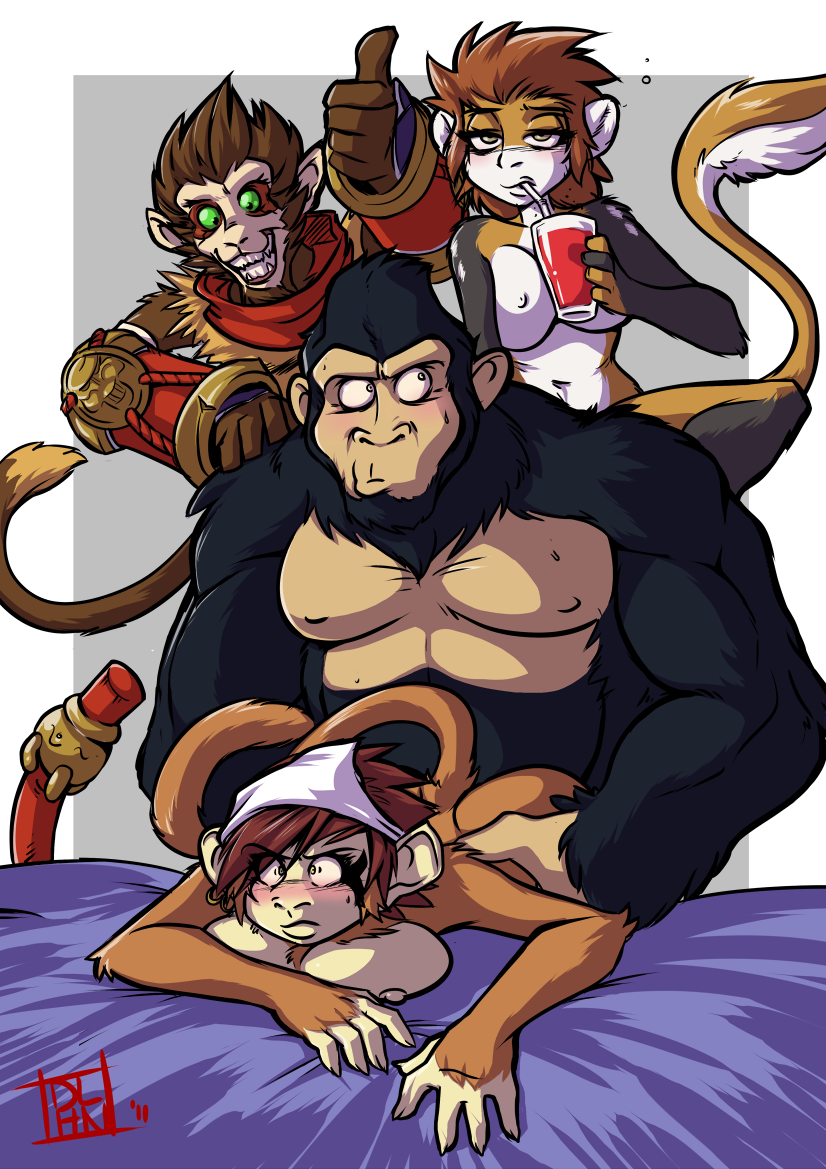 alizee anthro bandana bed breasts cup dalehan darkie drinking drunk female from_behind furry group league_of_legends male monkey monkey_girl nipples sex straight straw wukong