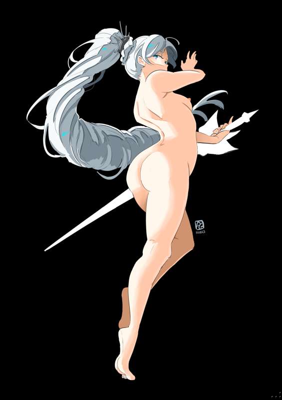 1girls, ass, ass focus, automatic giraffe, barefoot, black background, bubble ass, bubble butt, feet, female, foot fetish, large ass, looking at viewer, looking back, looking back at viewer, nipples, pose, posing, rwby, simple background, solo, solo female, sword, thick ass, toes, weiss schnee