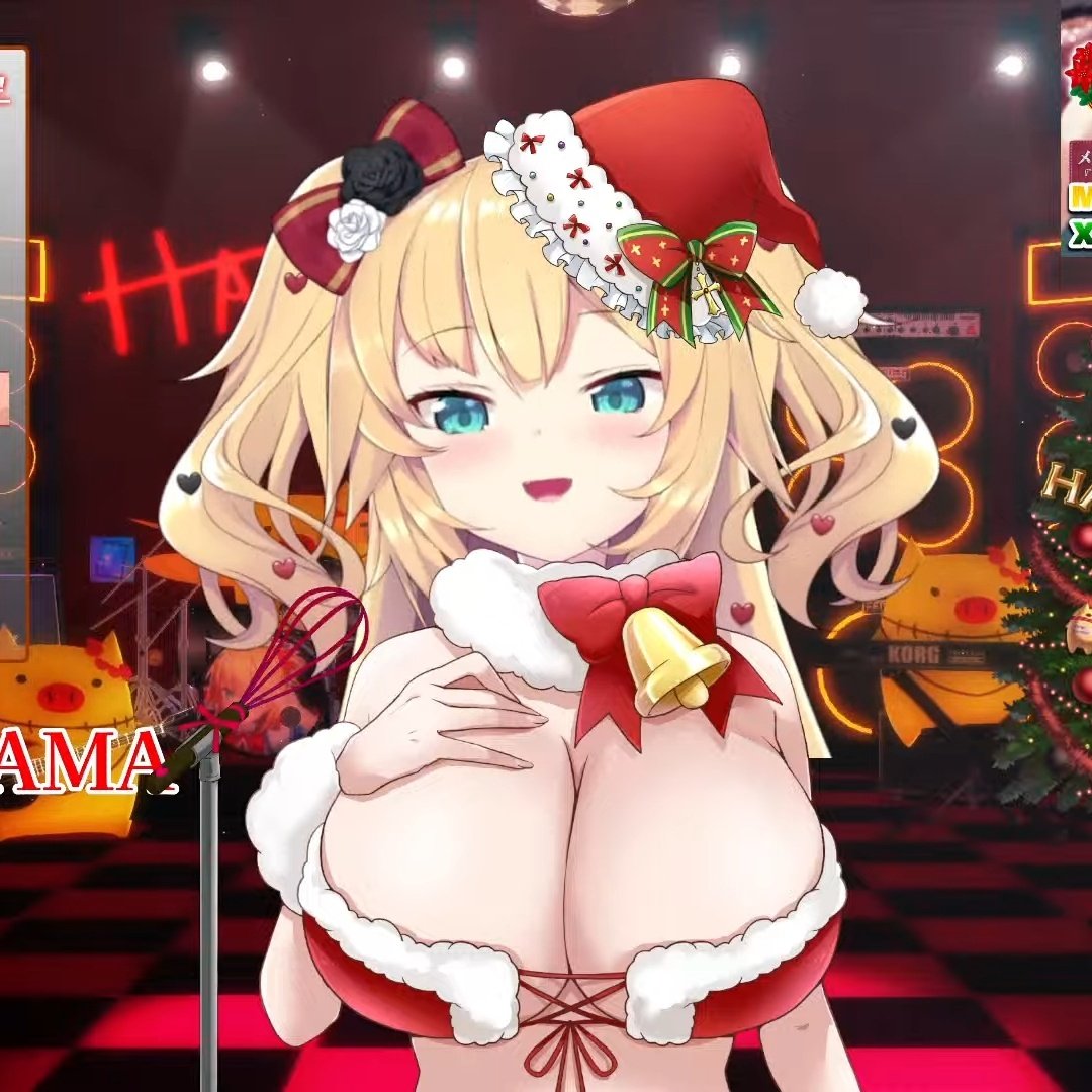 akai_haato christmas christmas_outfit cleavage haachama hand_on_breast hololive hololive_gen_1 hololive_japan itoridayo large_breasts virtual_youtuber